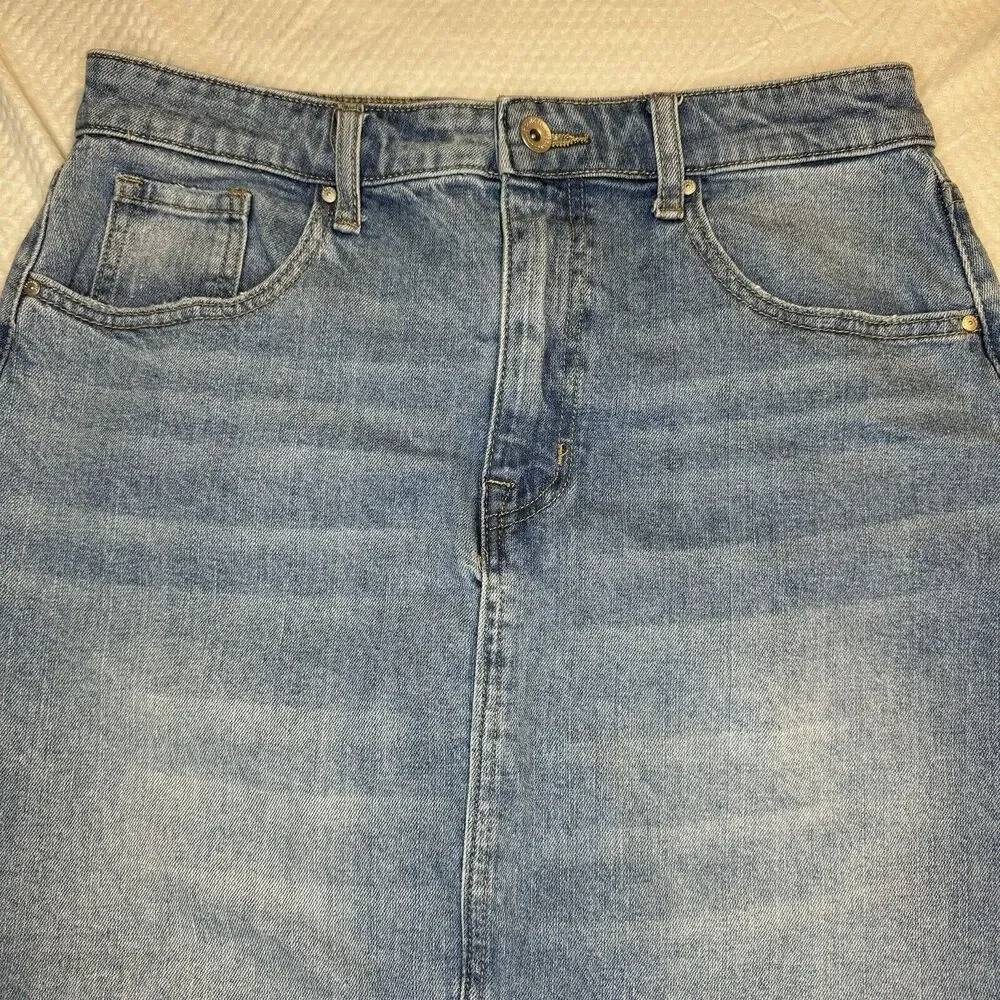 SANCTUARY Light Blue High Rise Front Slit Midi Denim Jean Skirt Raw Hem Size 28